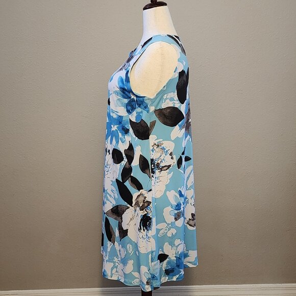 Clara Sun Woo Jewel Neck Swing Dress, Blue, White and Black Floral Petal, Large - Picture 3 of 5